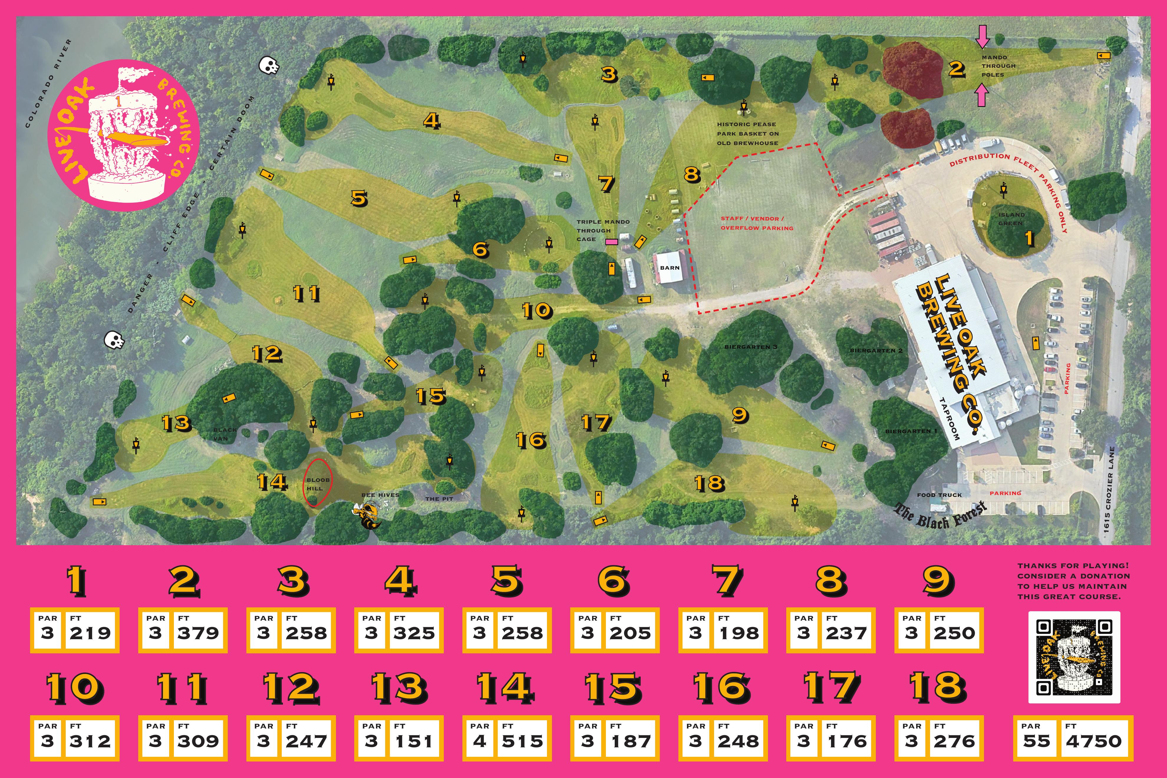 Aerial map of the 18-hole Live Oak Brewing disc golf course with hole numbers, pars and distances